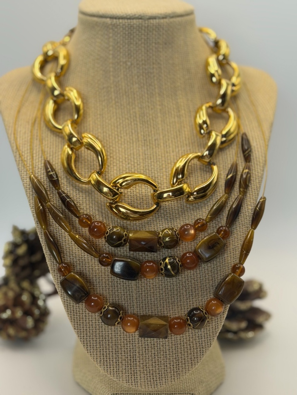 Gold Chocker and Brown Multi-Strand Statement Necklace Bundle